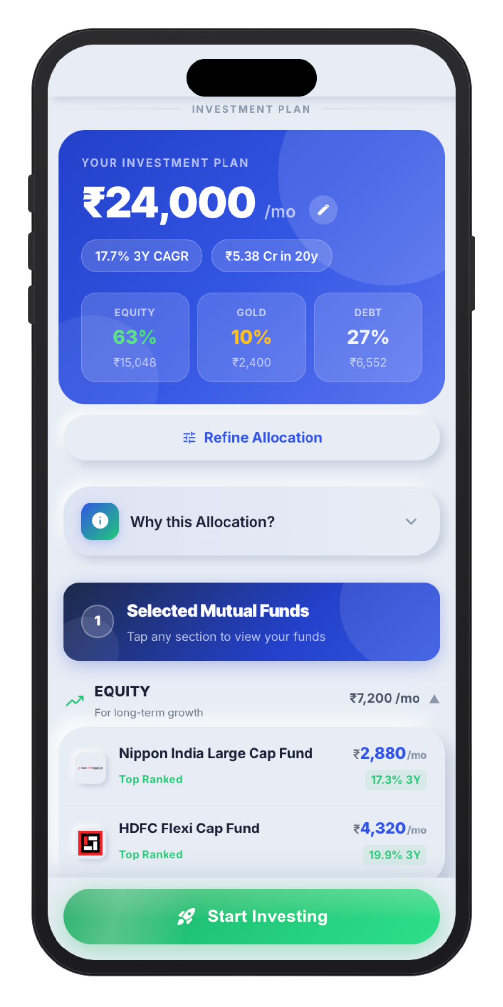 Investment Plan screen